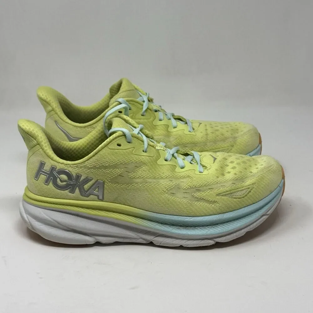 Hoka One One Clifton 9 Womens 9.5 M Yellow Blue Running Walking Shoes Sneakers - Picture 1 of 16
